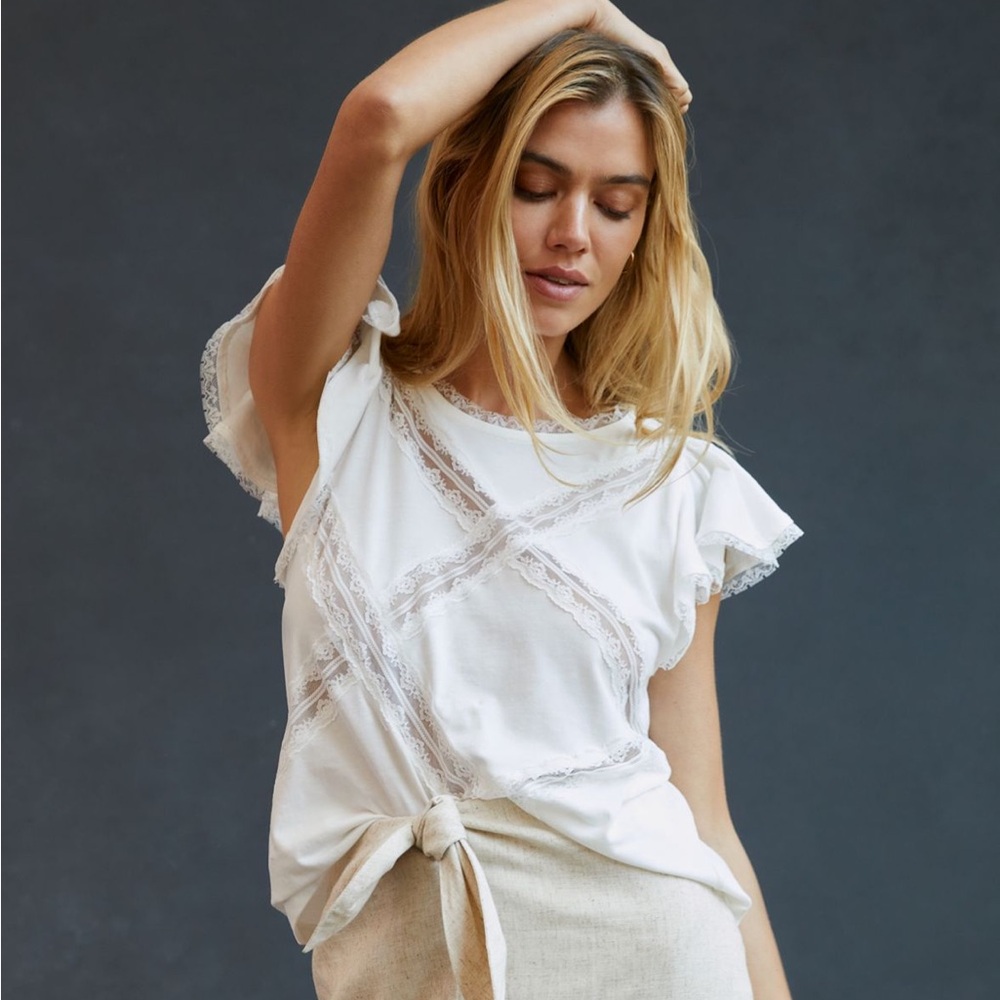 Anthropologie Spliced Lace White Tee